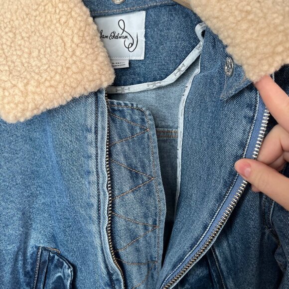 Sam Edelman Mesa High-Pile Fleece Collar Zip-Up Crop Denim Moto Jacket XS - Picture 7 of 11